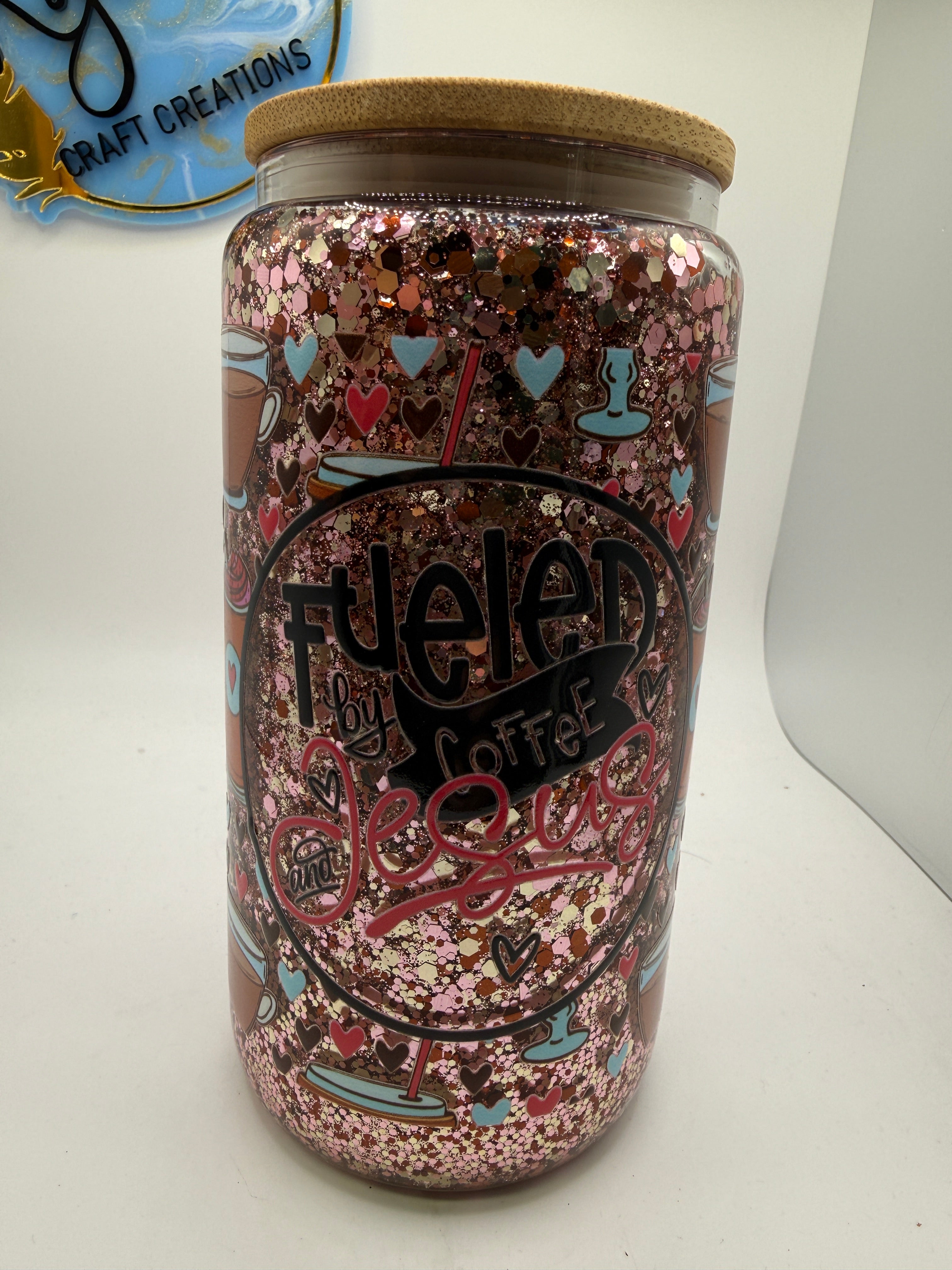 fuled by coffee and Jesus SnowGlobe(glass) 16oz